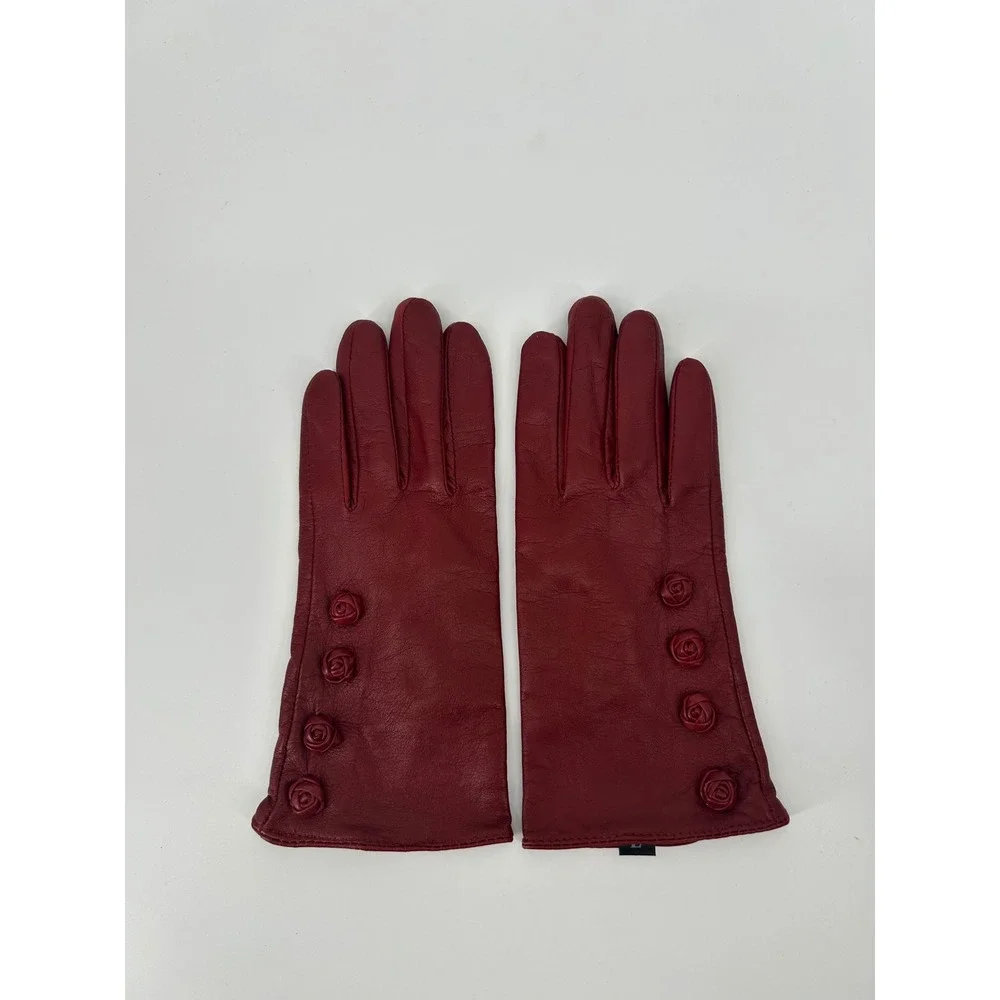 Max Studio Womens Red Genuine Leather Rosette Floral Accent Gloves Size L